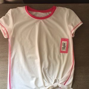 Lucky in love white with pink tennis top.